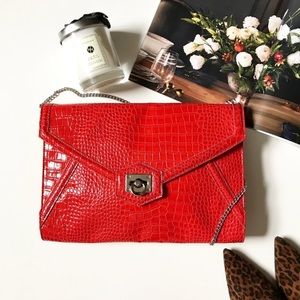 Red Faux Croc Large Envelope Clutch Purse
